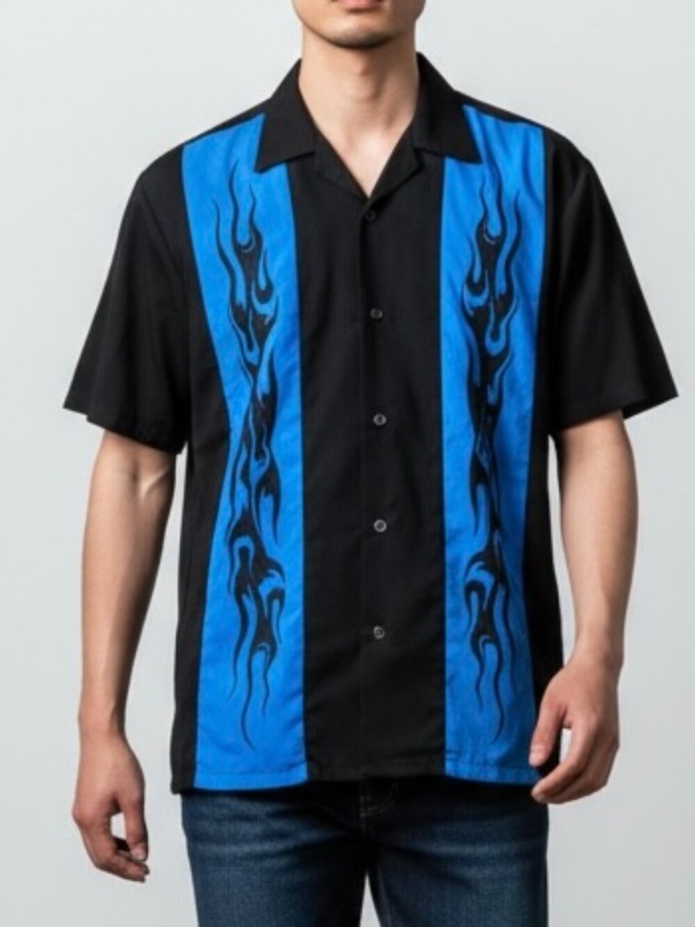 Dragonfly Clothing Men’s size SMALL black & blue Embroidered Flames